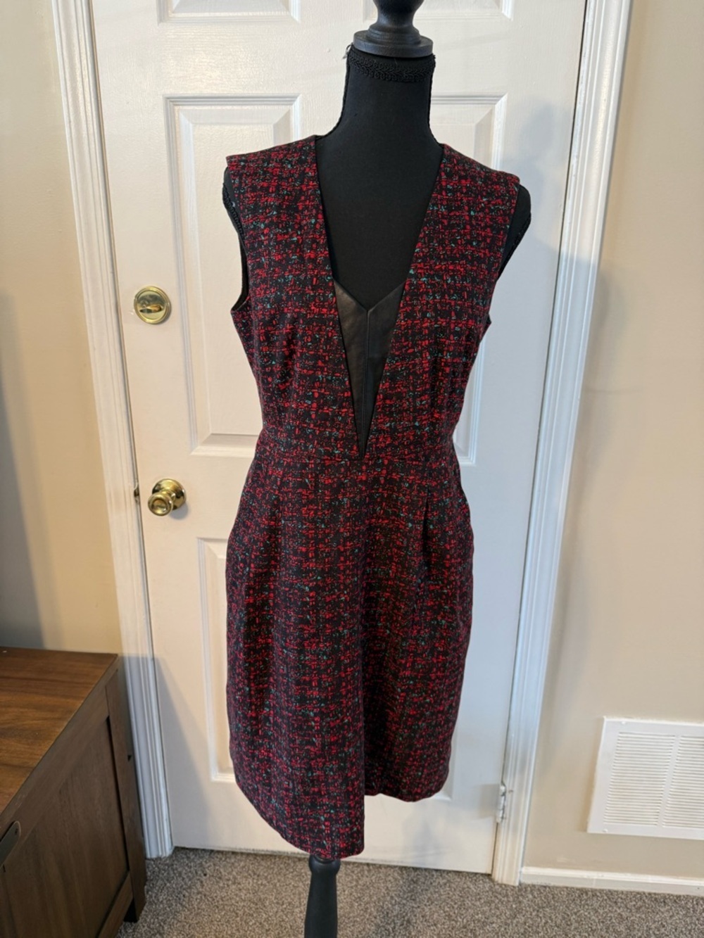 Nanette Lepore Red and Black Tweed V-Neck Mini Dress